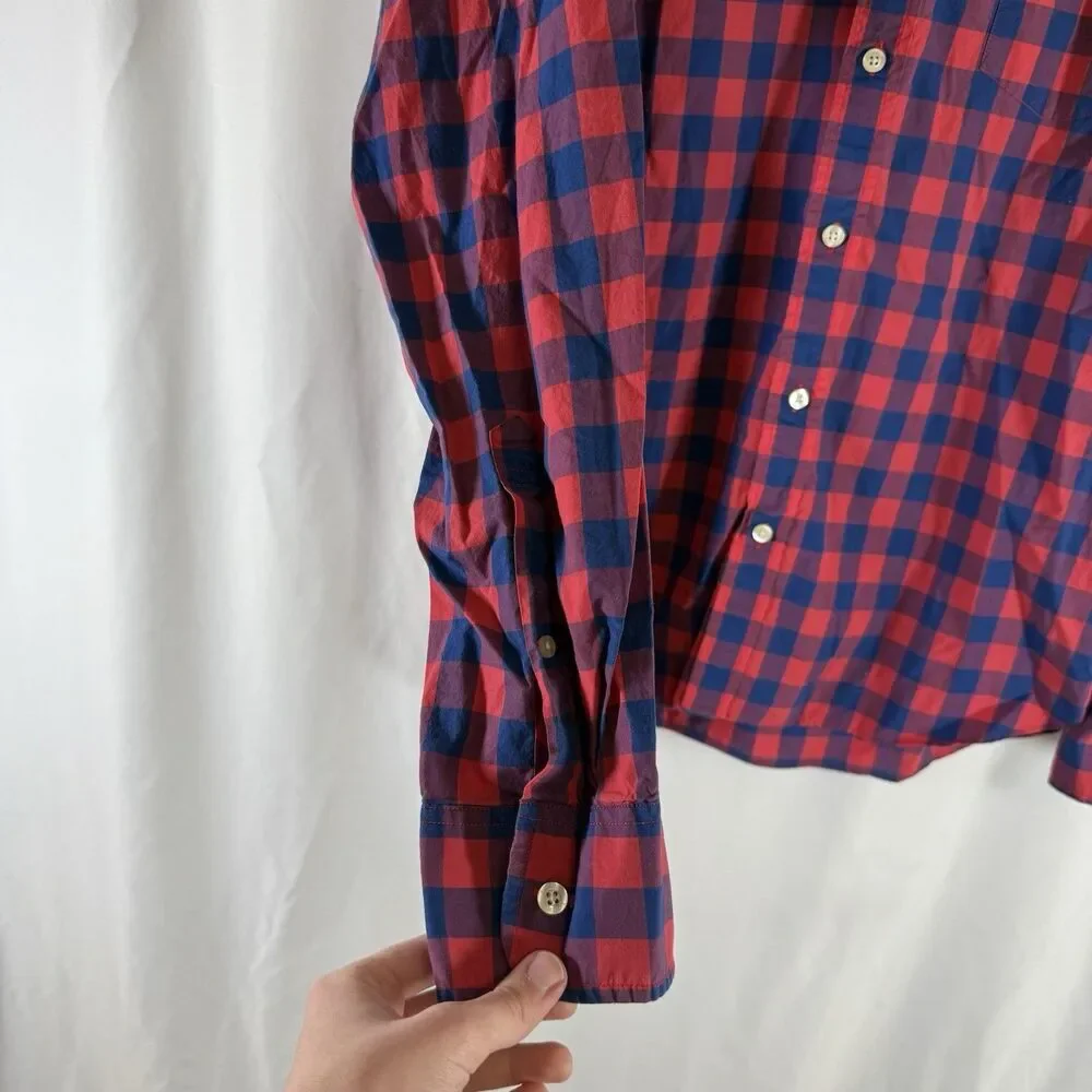 J Crew Slim Fit Button Up Shirt Men's XL Red Blue Plaid Lightweight Long Sleeve
